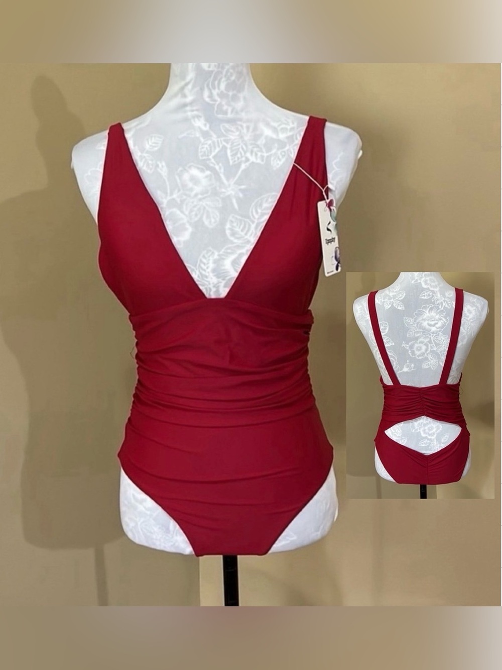 Flattering red gathered cutout one piece size medium